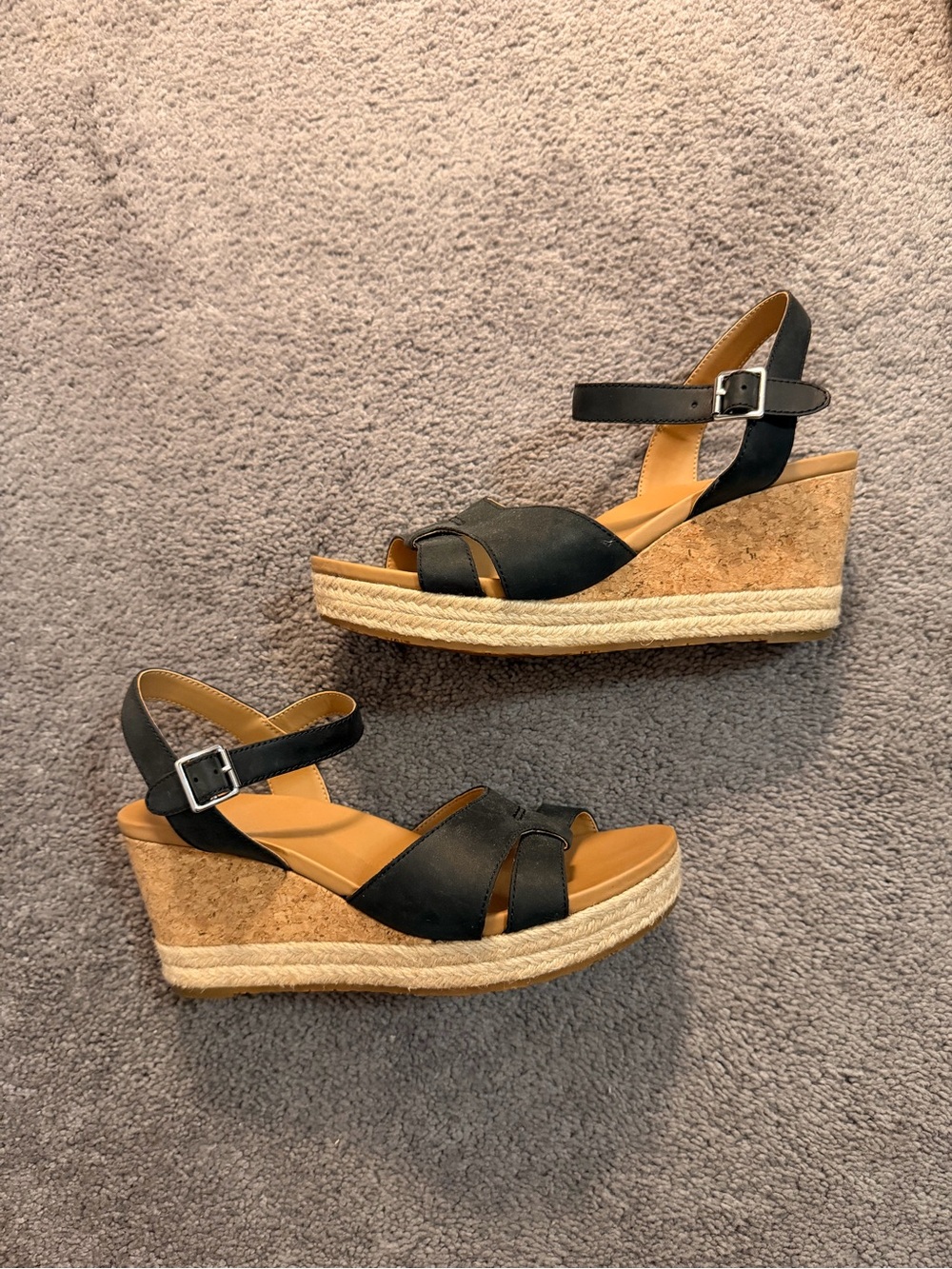 UGG Black Cork Espadrille Wedge Sandals with Ankle Strap